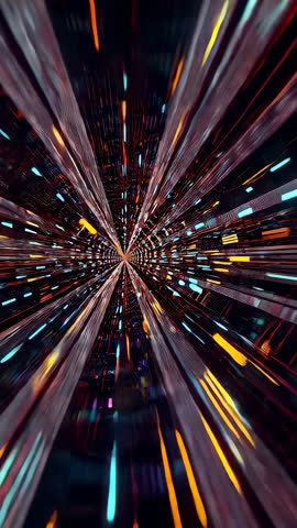 Vertical neon light tunnel speeding through cyber vortex with motion blur trails, cyan magenta rails