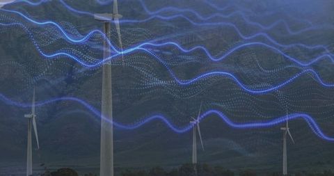 Wind Turbines with Digital Data Waves Over Mountains