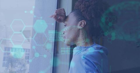 Woman Contemplating Overlaid with Data and Chemical Structures