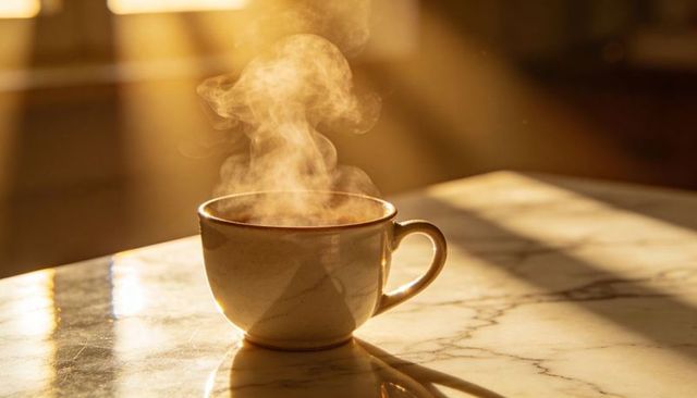 Steaming ceramic mug on marble table bathing in golden sunlight and warm glow