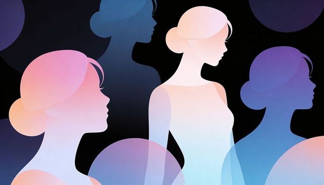 Ethereal pastel female silhouettes with gradient orbs overlay minimalist abstract vector art