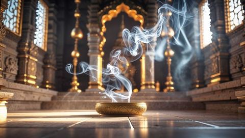 Golden incense frankincense burner in ornate temple with spiraling smoke
