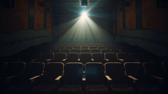Projector beam illuminating empty cinema auditorium rows of vintage seats