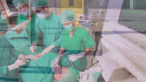 Surgical Team Operating with Timelapse Overlay of Urban Life