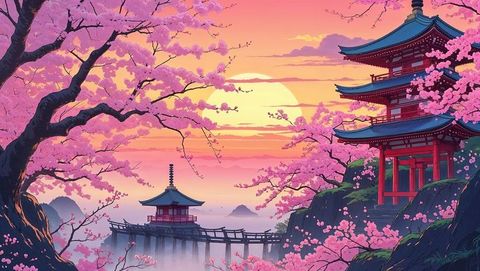 Stunning Pagoda Amidst Cherry Blossoms at Sunset