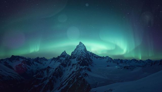 Snowy Mountain Peak Illuminated by Mystical Green Aurora