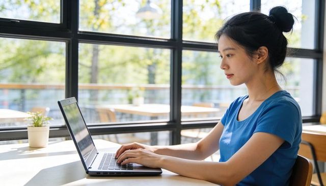 Young woman typing on laptop in sunlit cafe by black-framed grid windows, remote work