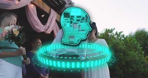 Standing bride and groom exchanging vows under pergola with teal hologram head and ring