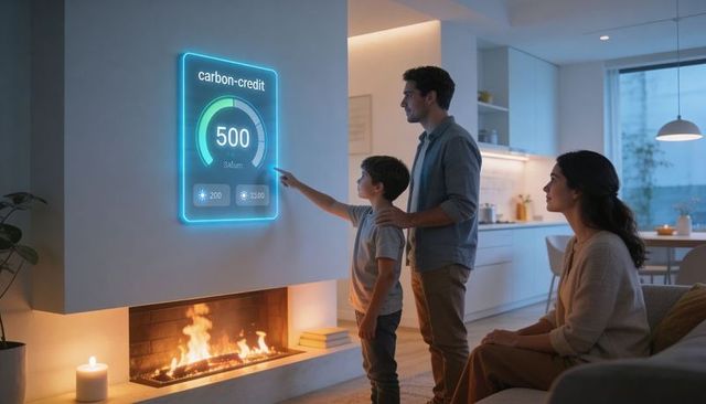 Family teaching child carbon-credit management using smart home holographic dashboard over fireplace