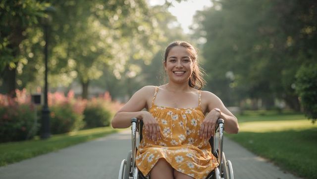Smiling woman in wheelchair enjoying sunny park path wearing yellow floral sundress