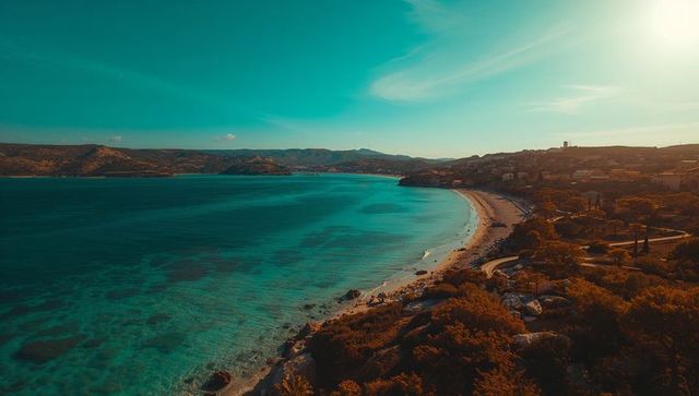 Aerial view of turquoise bay meeting peaceful coastline