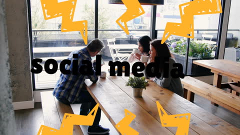 Diverse Team Collaborating with Social Media Graphic Overlay