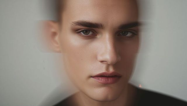 Intense male-presenting portrait with prism blur and soft double-exposure mood