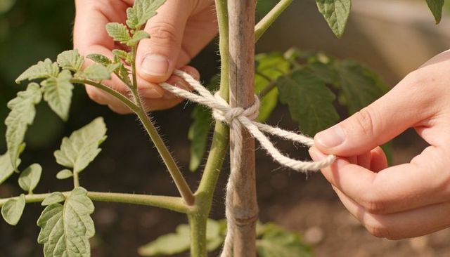 Hands tying tomato seedling to bamboo stake with garden twine in sunny backyard bed