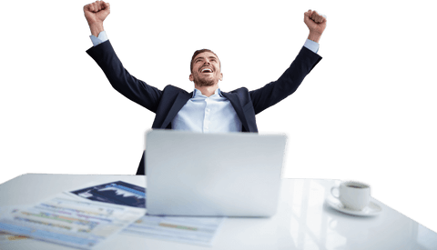 cheerful businessman celebrates success at desk with laptop - Download Free Stock Videos Pikwizard.com