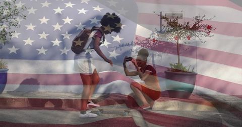 Friends capturing skateboard moment with american flag overlay for patriotic urban lifestyle