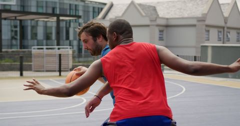 Diverse Male Basketball Players Practicing Competitive Game