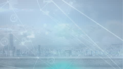 Futuristic Cityscape with Network Connections and Technology Overlay