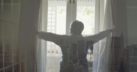 Senior Woman Opening Curtains Overlooking Urban Cityscape - Download Free Stock Images Pikwizard.com