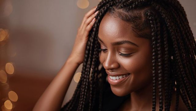 Smiling woman touching braids with glowing bokeh lights, intimate beauty portrait soft studio light