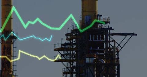 Industrial Chimneys with Digital Data Overlay Conveying Financial Trends