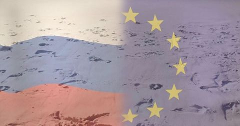 Scattered footprints on snow with merging tricolor and european stars symbolizing conflict