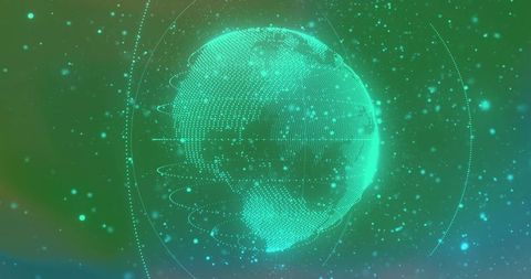 Rotating holographic globe formed from teal point cloud with orbital rings and particles