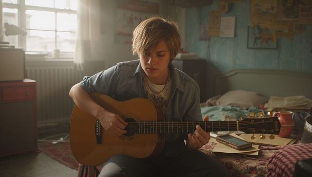 Youthful Musician Playing Acoustic Guitar in Relaxed Bedroom Ambiance