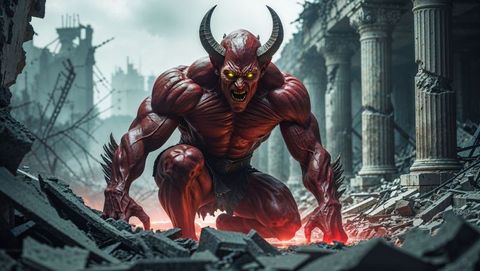 Red Demon Snarling Among Ancient Temple Ruins