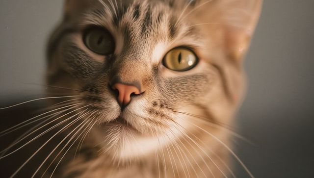 Closeup tabby cat face staring into camera with golden eyes and long whiskers portrait
