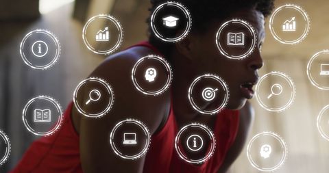 Exhausted athlete surrounded by digital education icons