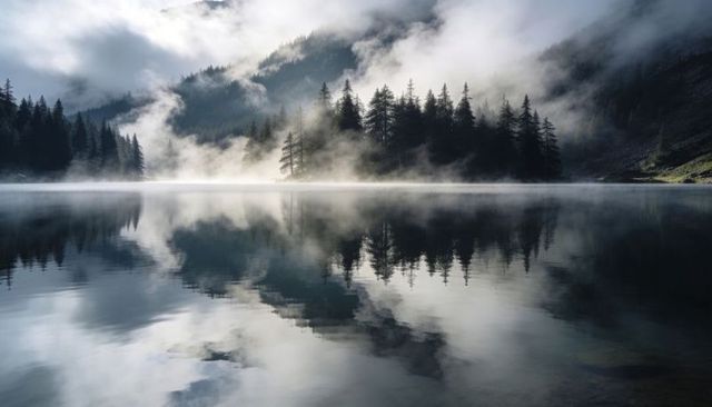 Misty alpine lake mirroring forested islet and mountain slopes, tranquil fog reflection