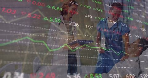 Healthcare Professionals Analyzing Medical Finance Data Overlaid