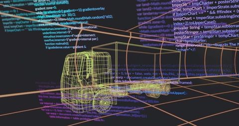 3D Truck Wireframe With Source Code Overlay in Virtual Workspace