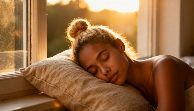 Sunlit woman resting on windowsill cushion at golden hour, serene intimate bedroom portrait