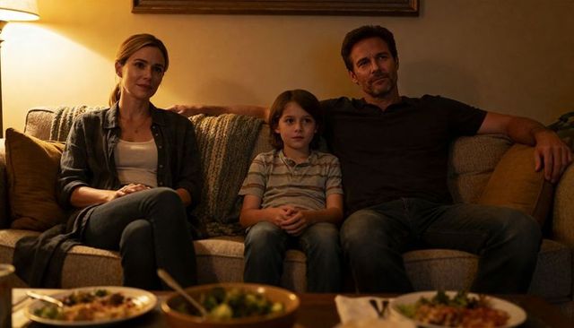 Cozy family evening on couch watching movie while sharing relaxed dinner in living room