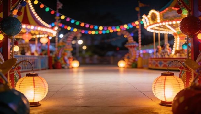 Glowing lanterns casting warm light across empty carnival walkway with carousels at night