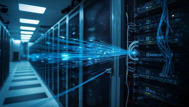 Data Streams Emitting from Server Rack in High-Tech Data Center