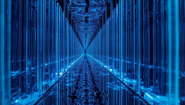 Glowing symmetrical corridor leading to triangular portal with rippled reflective floor