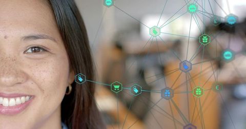 Businesswoman smiling with e-commerce digital interface overlay