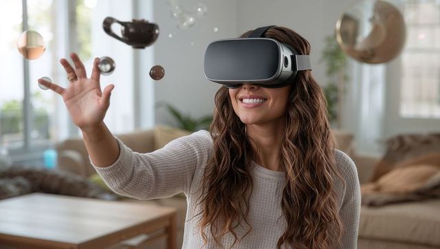 Smiling woman reaching in virtual reality wearing vr headset in cozy living room