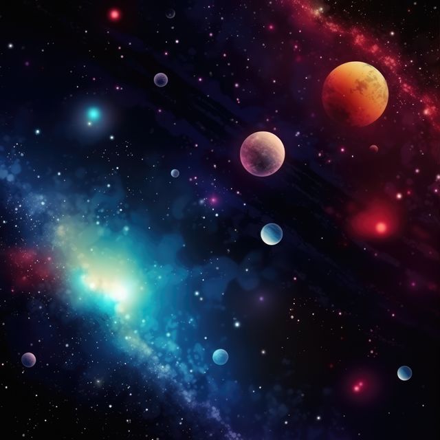 This vibrant image captures an expansive galaxy with numerous planets set against a backdrop of colorful nebulas and a field of stars. It is ideal for use in educational materials about astronomy, as wallpaper for technology devices, or in promotional content for space-themed entertainment or products.