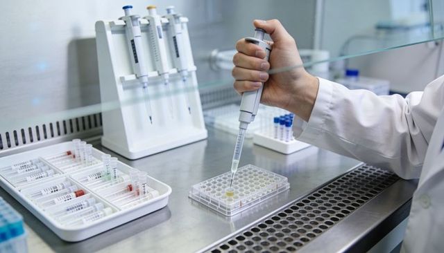 Hand Holding Micropipette Dispensing into 96-Well Plate in Laminar Flow Biosafety Hood