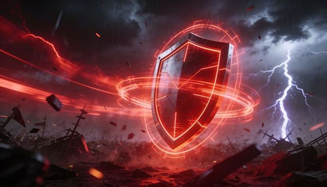Futuristic glowing shield hovering with neon circuit halo over storm-ravaged battlefield