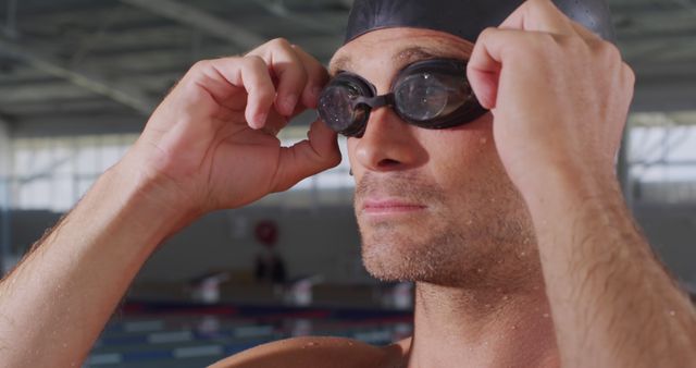 Professional swimmer adjusting goggles before race - Download Free Stock Photos Pikwizard.com