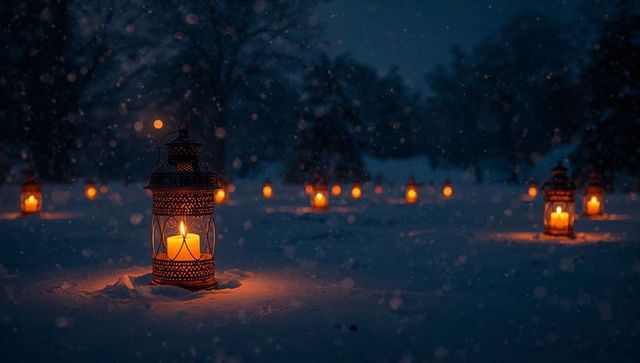 Ornate lanterns glowing on snowy night, casting patterned candlelight and soft bokeh glow