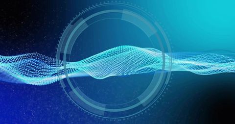Cyan waveform undulating through futuristic hud interface with particle grid and circular scan