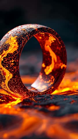 Looping vertical video: rotating molten ring with glowing lava veins and ember sparks