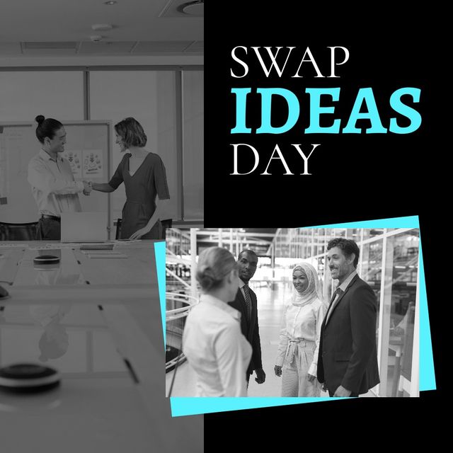 Digital composite image of multiracial professionals working with swap ideas day text in office. Copy space, celebration, knowledge, teamwork, sharing ideas and thoughts concept.
