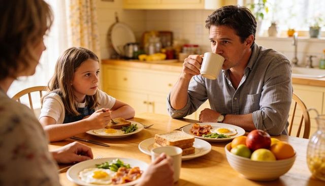 Family sharing sunlit kitchen breakfast, father sipping coffee and daughter enjoying eggs